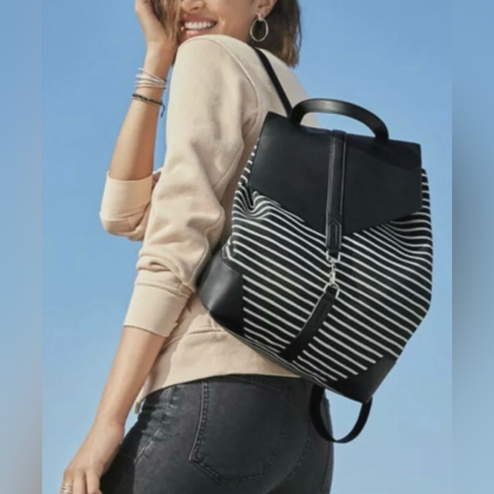 Stella & Dot Black and White Striped Backpack. Canvas and faux leather.